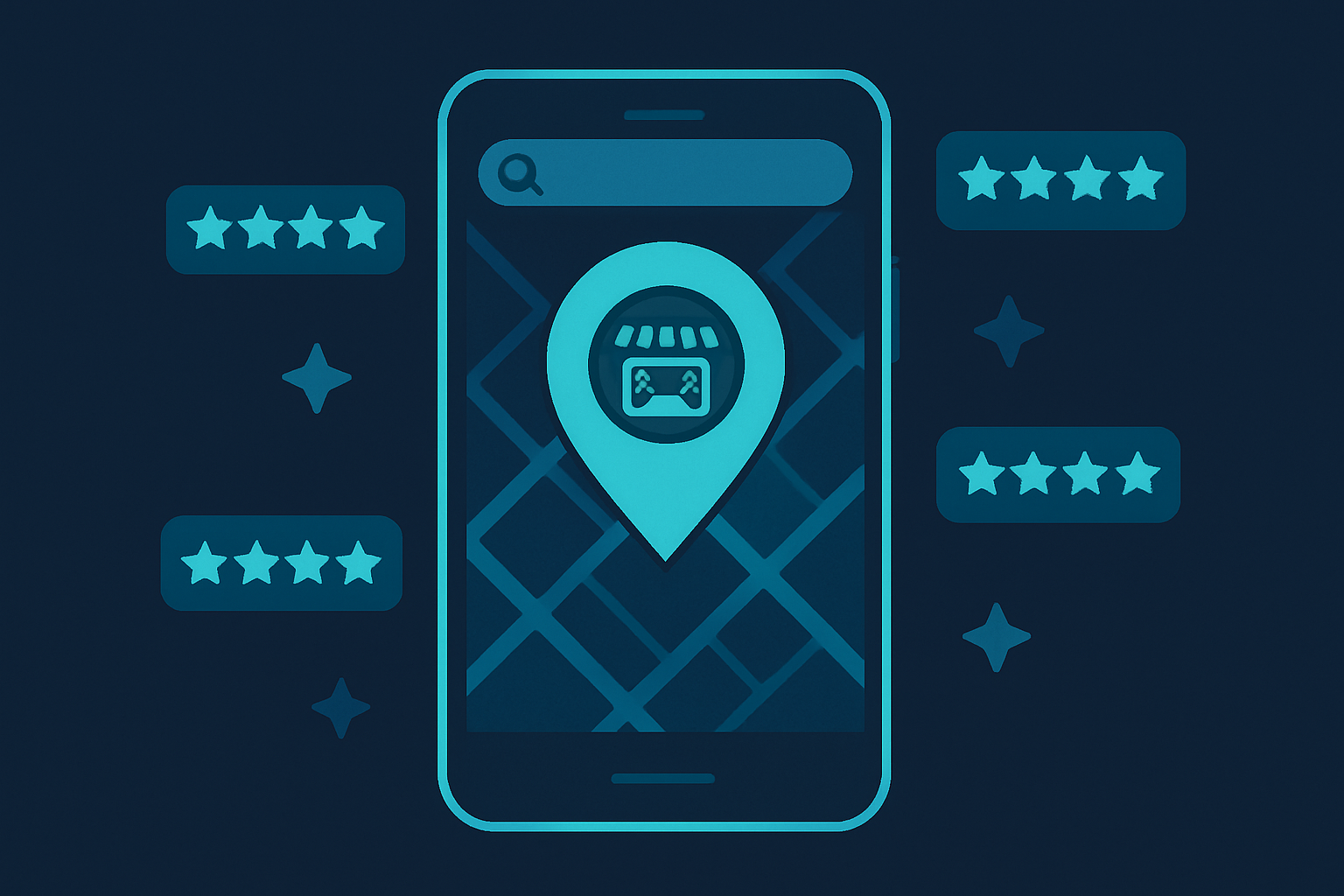 Local SEO for game stores shown as a map pin and reviews on a phone for a Las Vegas card shop