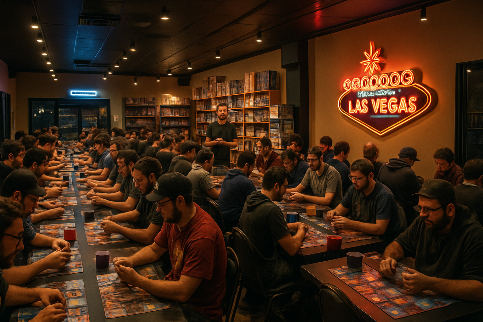 Promote TCG tournaments: players competing at a busy game store tournament night in Las Vegas