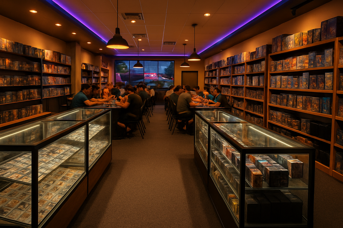 Local game store marketing in a Las Vegas trading card shop with players at tables