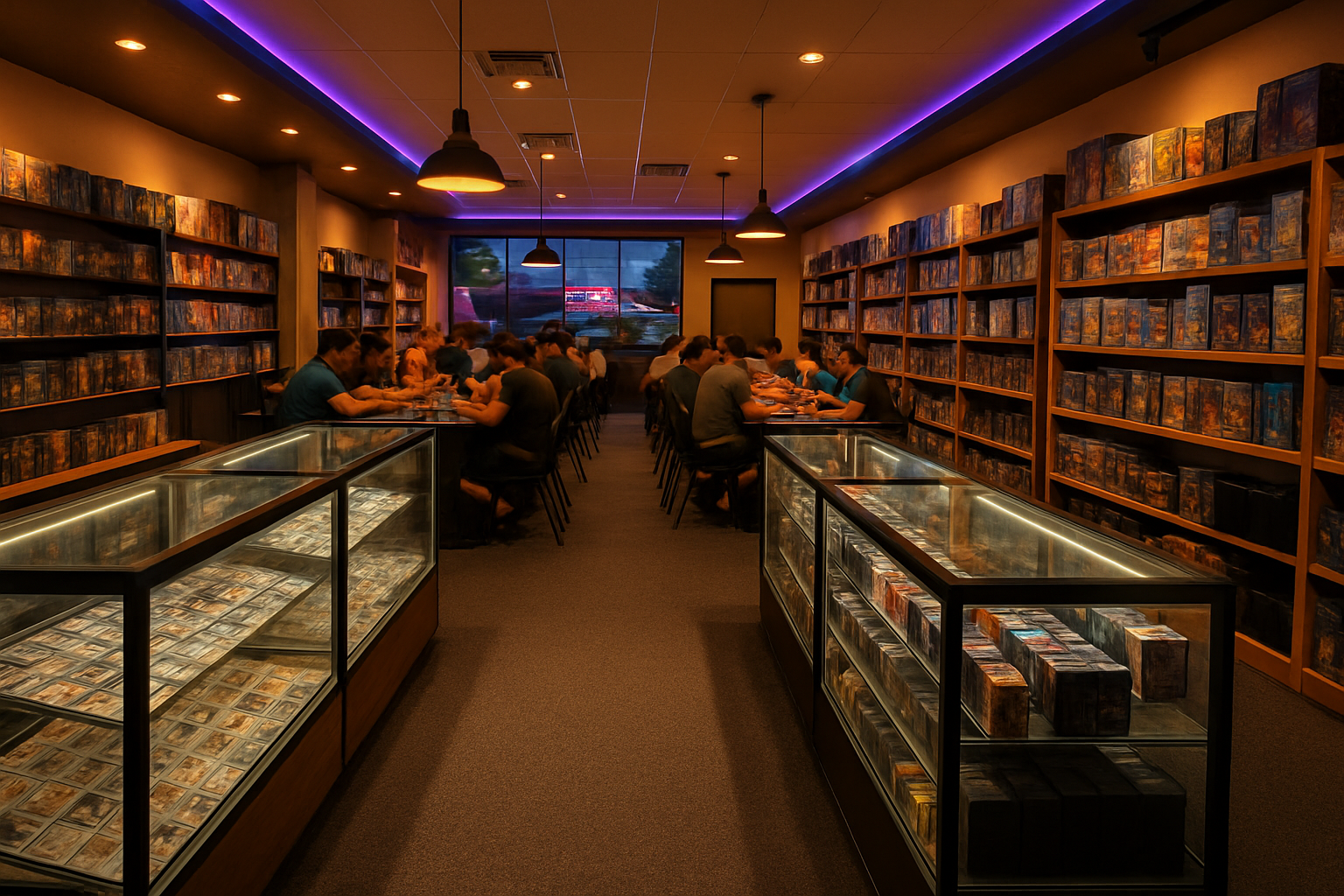 Local game store marketing in a Las Vegas trading card shop with players at tables