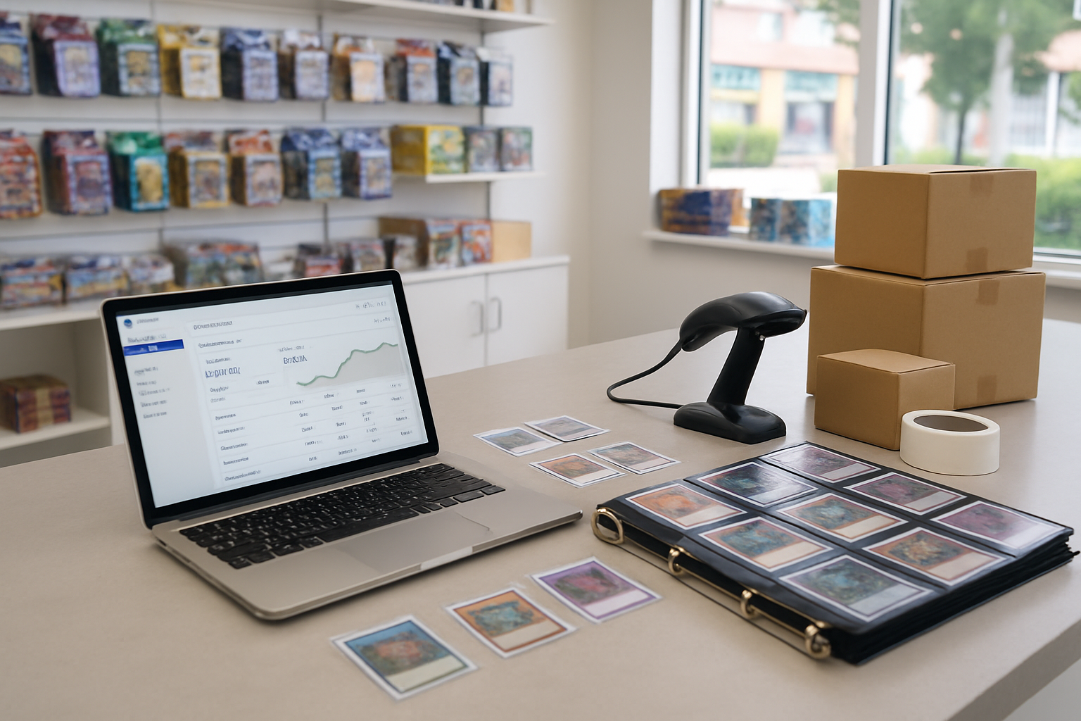 Shopify SEO for trading card shops: packing trading card singles next to a laptop online store