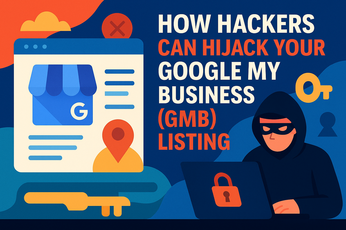 Colorful flat-style illustration showing a hacker trying to hijack a Google My Business (GMB) listing, symbolizing the importance of protecting local business profiles from cyberattacks.