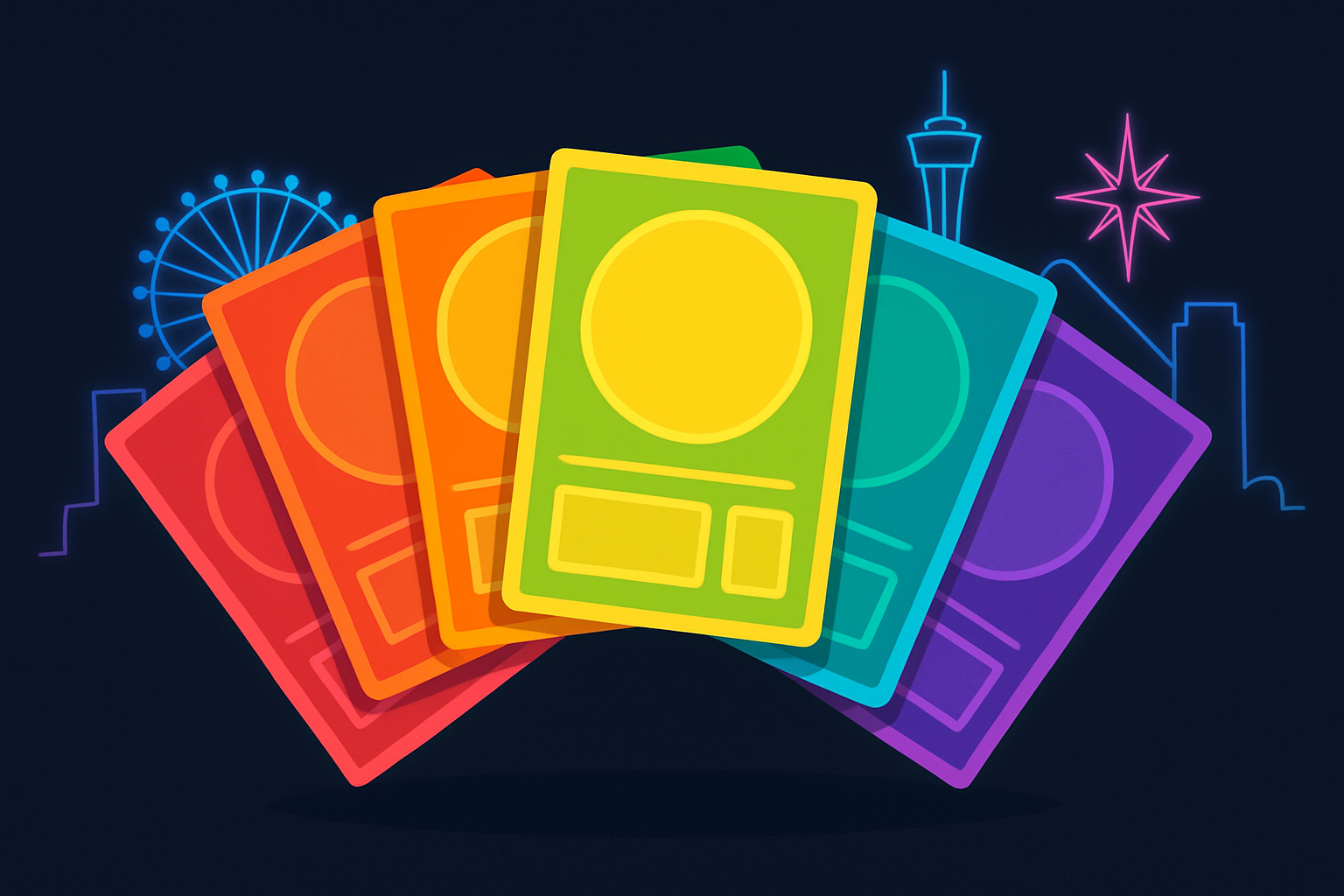 Magic Pokemon Lorcana store marketing represented by fanned trading card backs over a Las Vegas skyline