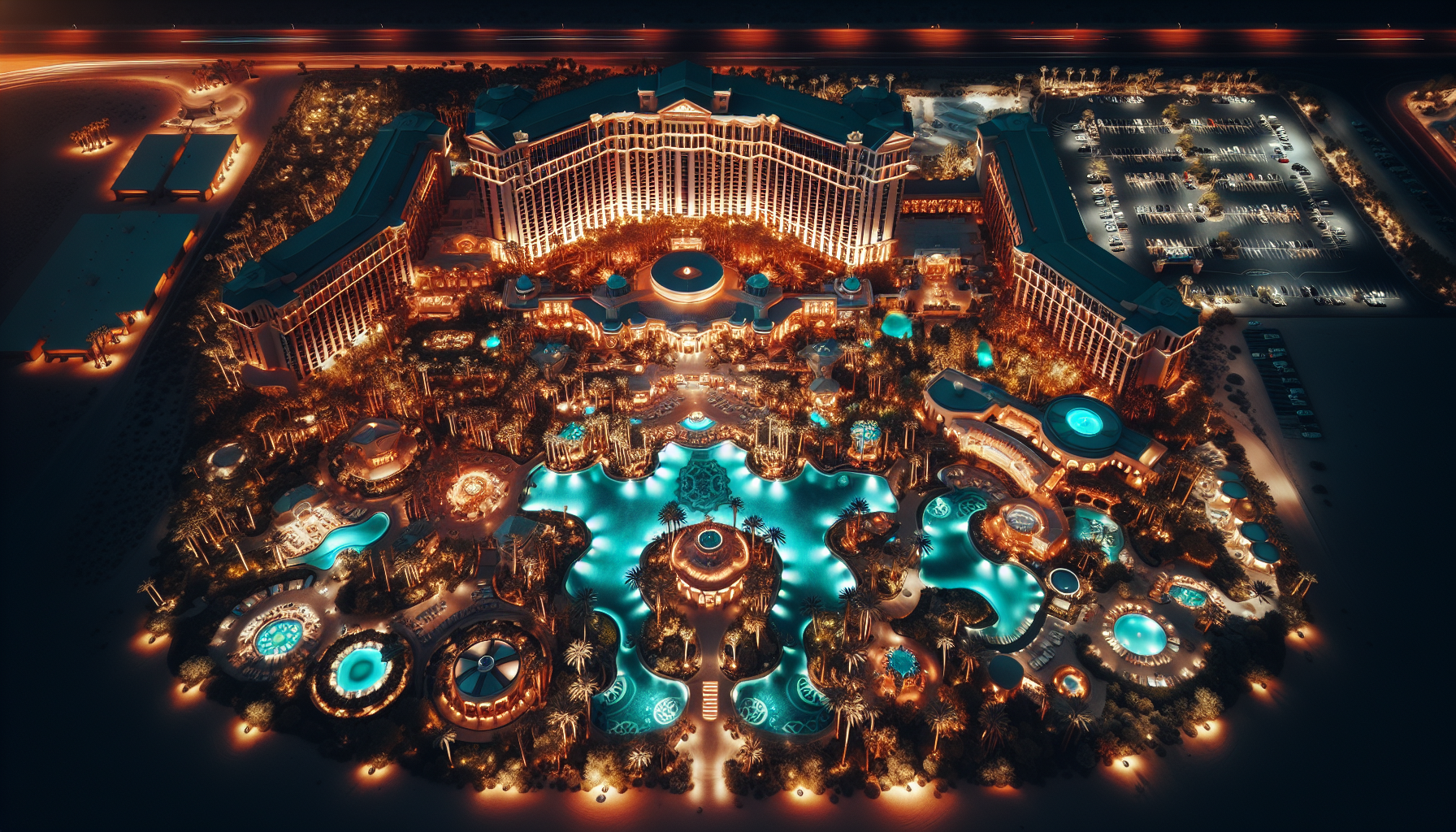 Aerial drone photography of Las Vegas hotel resort with pool and grounds