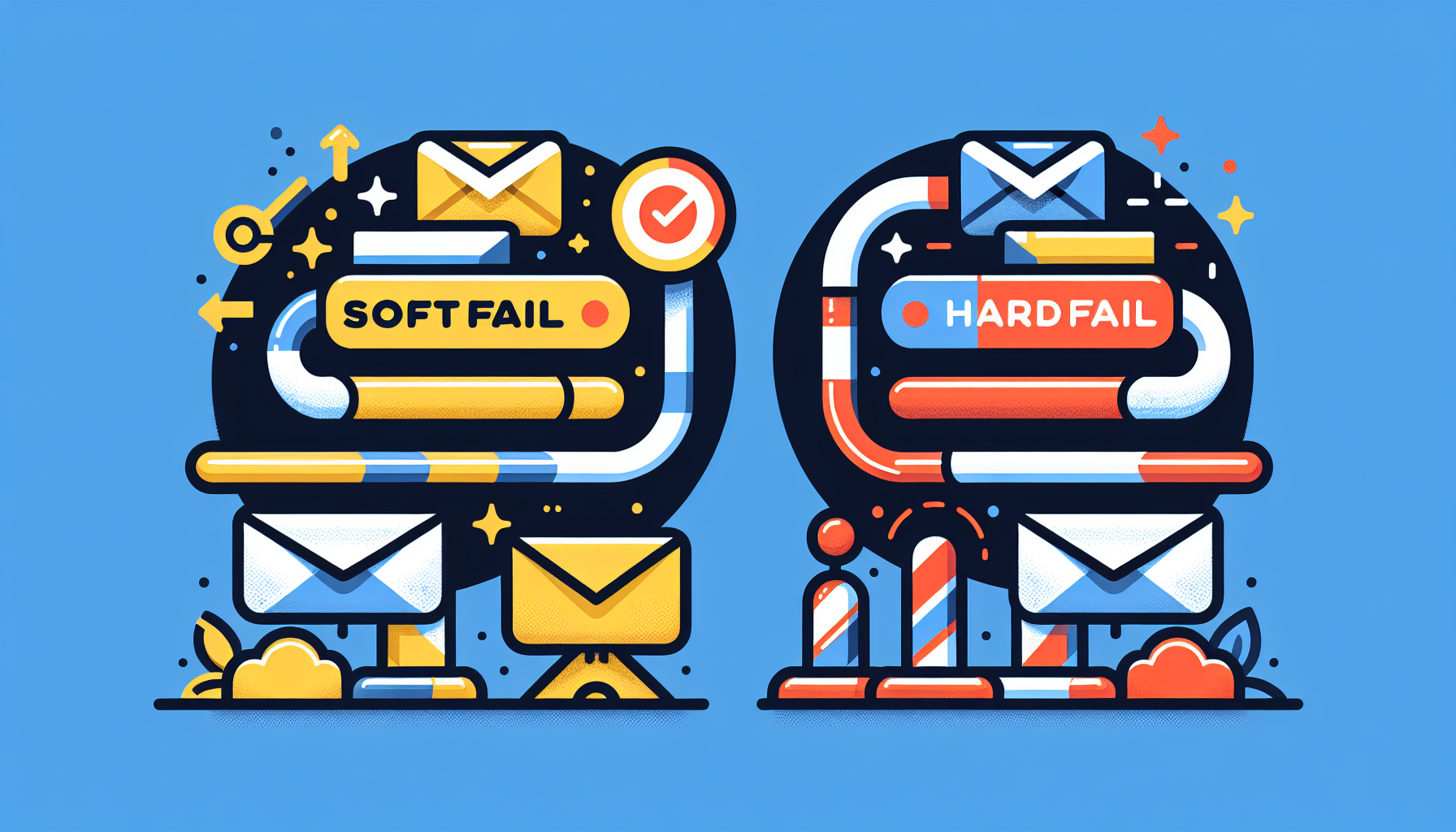 Comparison diagram of SPF softfail and hardfail showing how each handles unauthorized emails