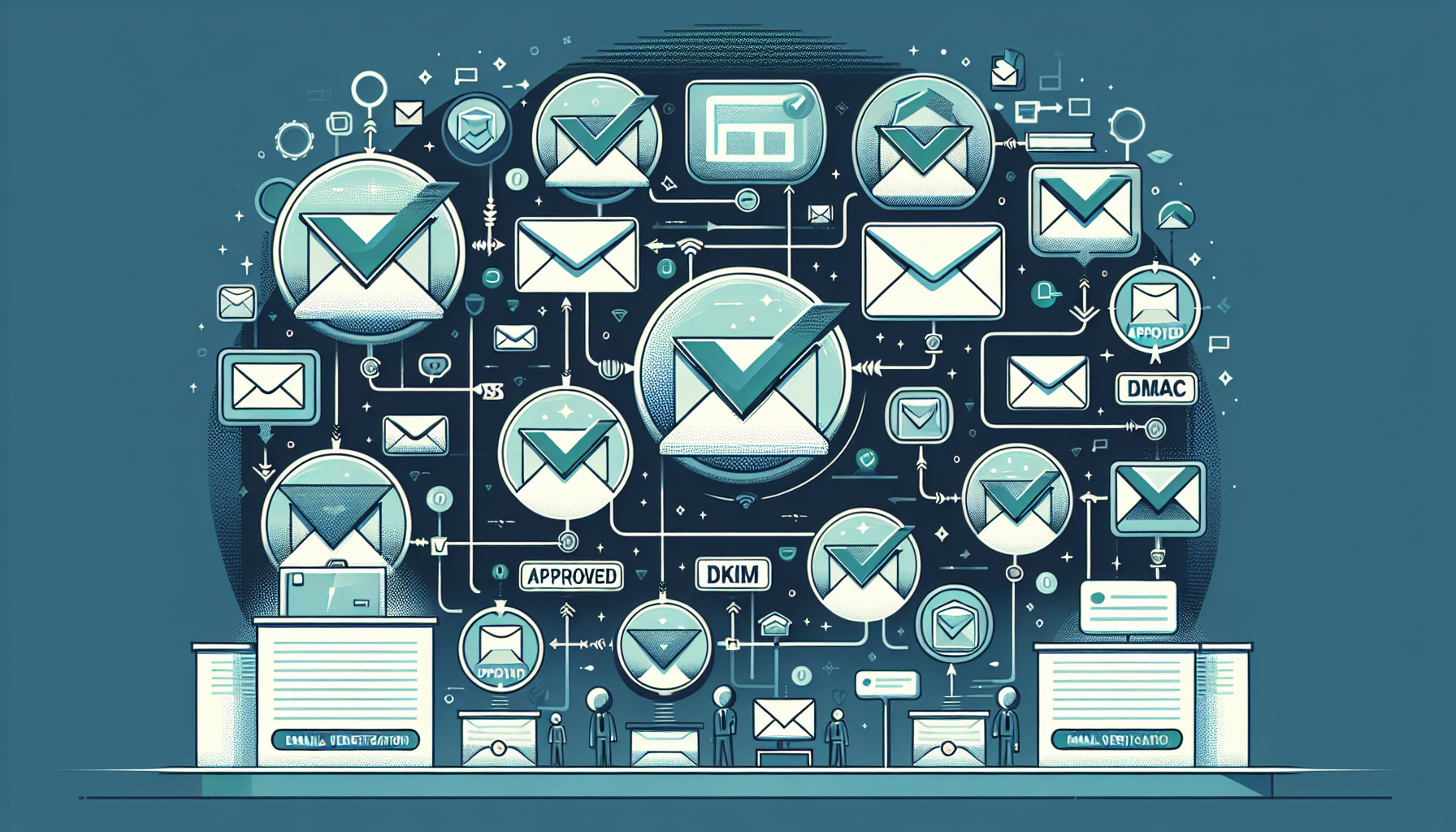 Illustration of bulk email going through SPF, DKIM, and DMARC authentication checkpoints
